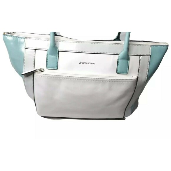 Giani Bernini Leather Tote Bag Handbag Purse Mint Green & White - Picture 2 of 6